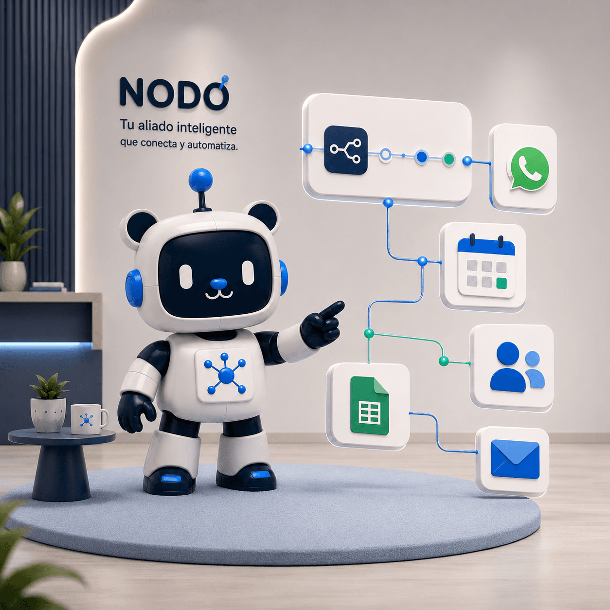 Nodo conectando automatizaciones con Telegram, WhatsApp, calendario, Sheets, clientes y correo